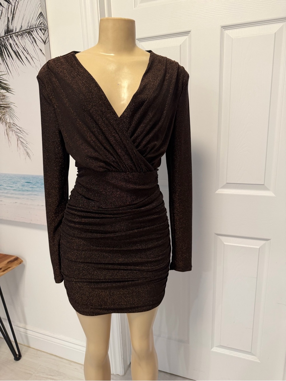 Revamped Metallic Wrap-Front Long Sleeve Mini Dress in Brown